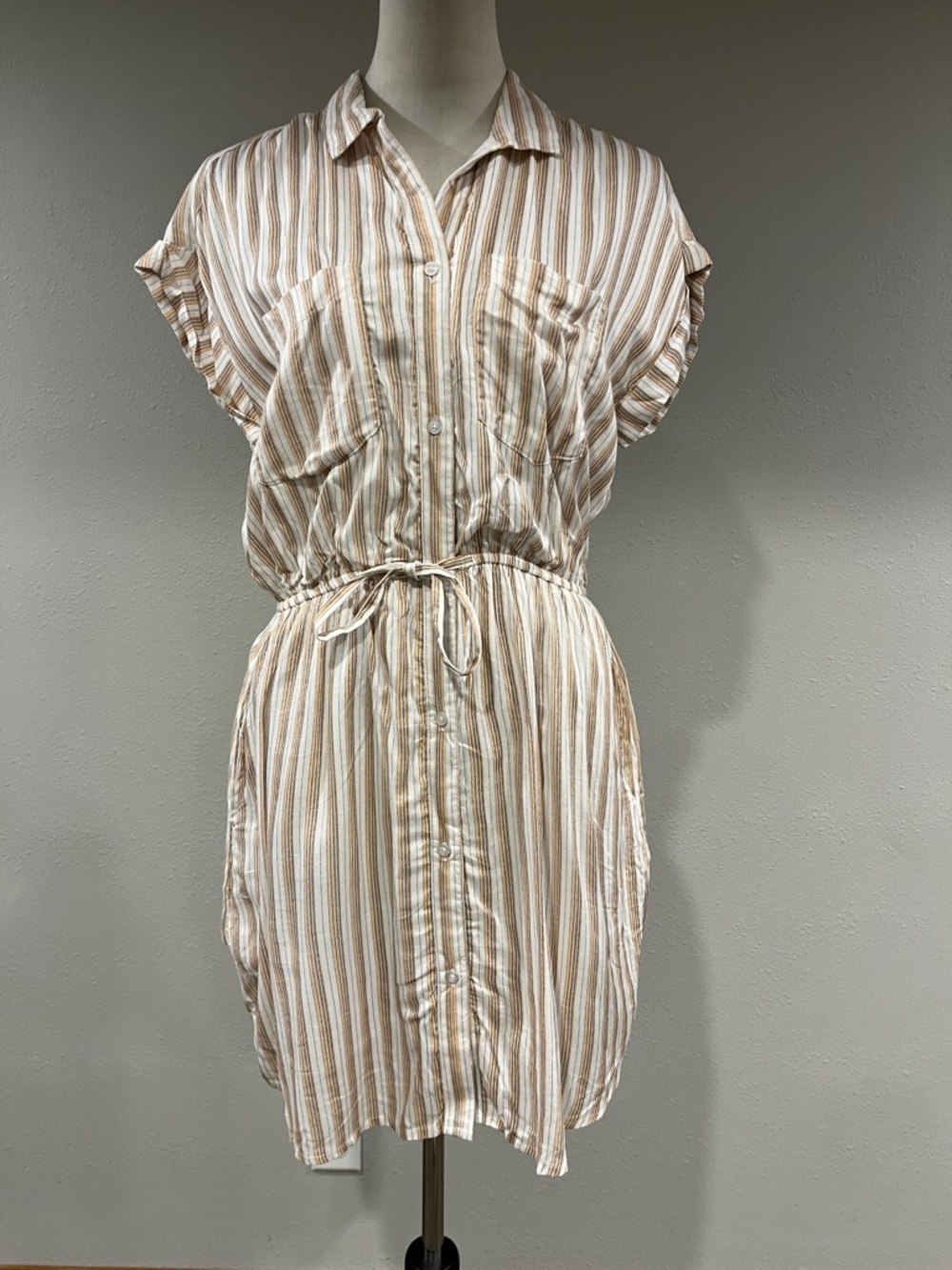 Japna Striped Shirt Dress with Drawstring Waist - Beige/White size medium